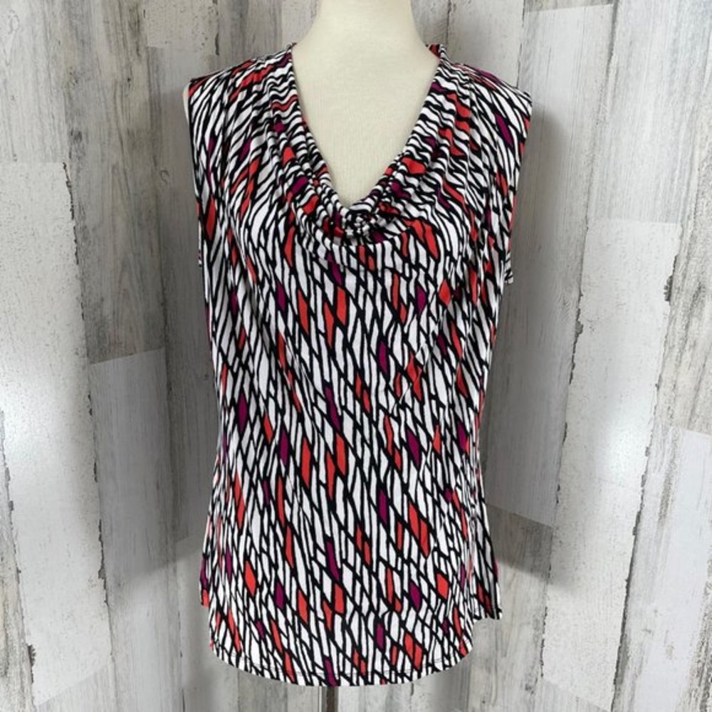 Worthington‎ Women's White Gyrometric Print Sleeveless Draped Neck Shirt Top L
